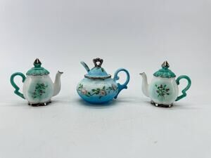 Porcelain Miniature Teapot Lot 3 Hand Painted Floral Silver Trim Lid Repair